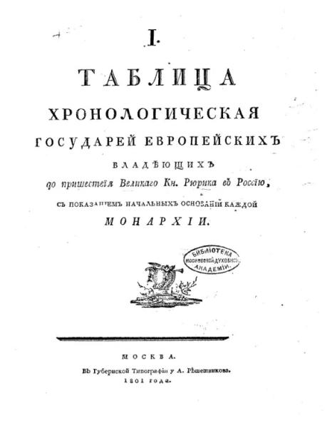 I таблица хронологическая государей европейских владеющих до пришествия великого кн. Рюрика в Россию